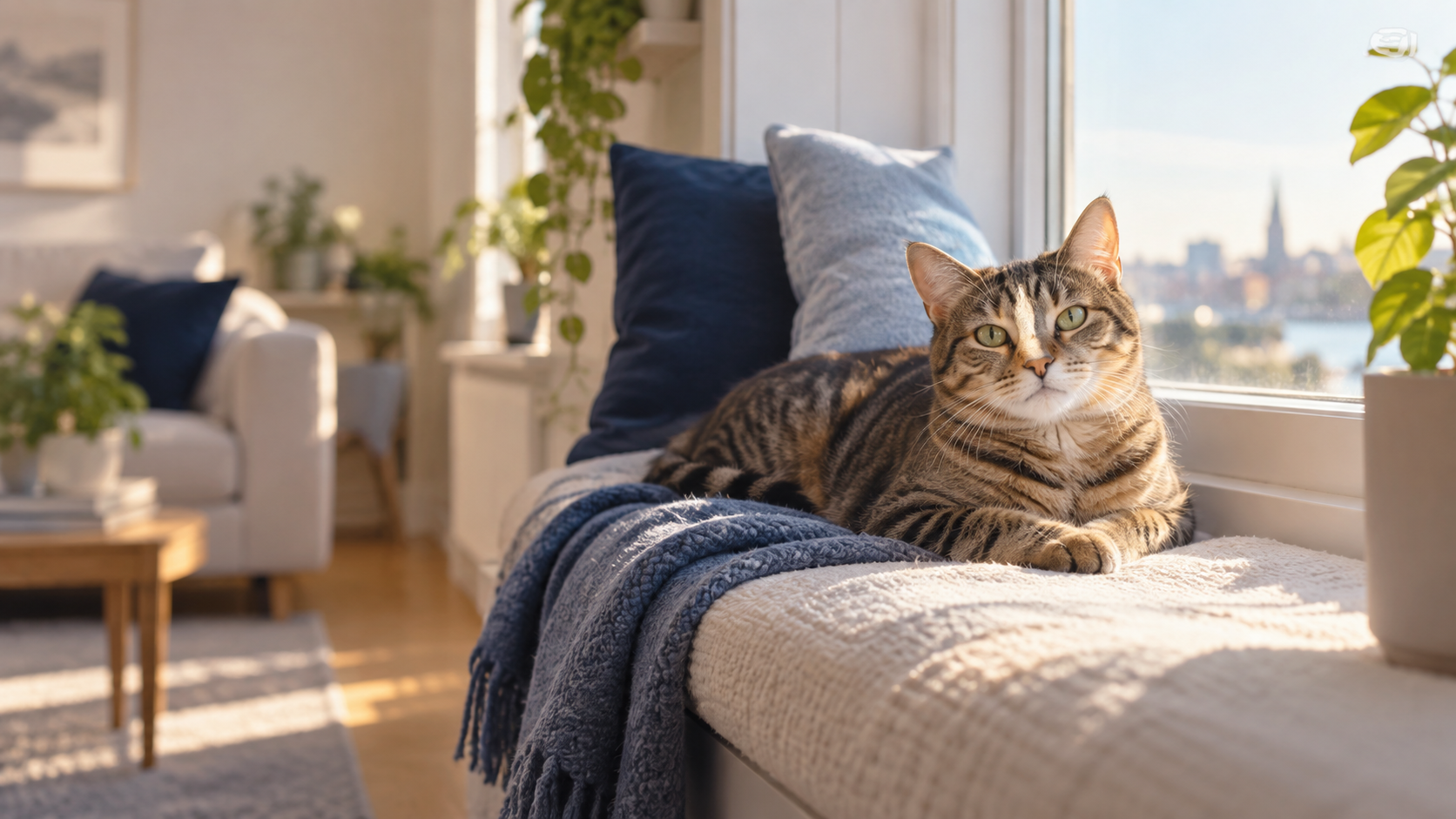 A relaxed tabby cat resting in a sunny home